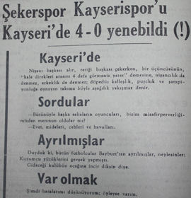 Bayburtspor’u 2. Lig’den düşüren Kayserispor ve Şekerspor karşılaşmasının sonucunu, 8 Haziran 1987 tarihli Bayburt Postası Gazetesi böyle duyurmuştu...
